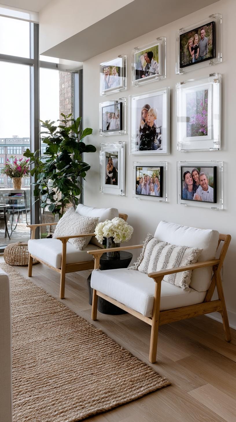 24. Floating frame wall made of transparent or acrylic frames with space around them-0
