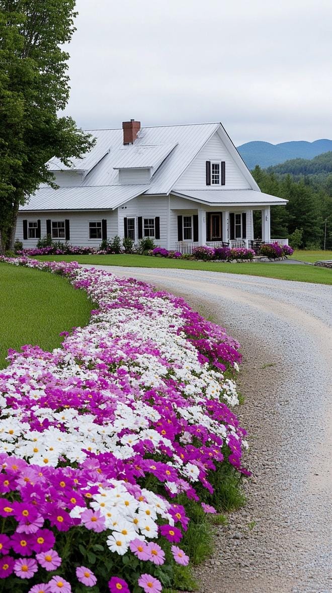 27 Charming Farmhouse Landscaping Ideas for a Beautiful Rustic Yard 25 8. Flower beds spilling along crushed gravel driveway-0