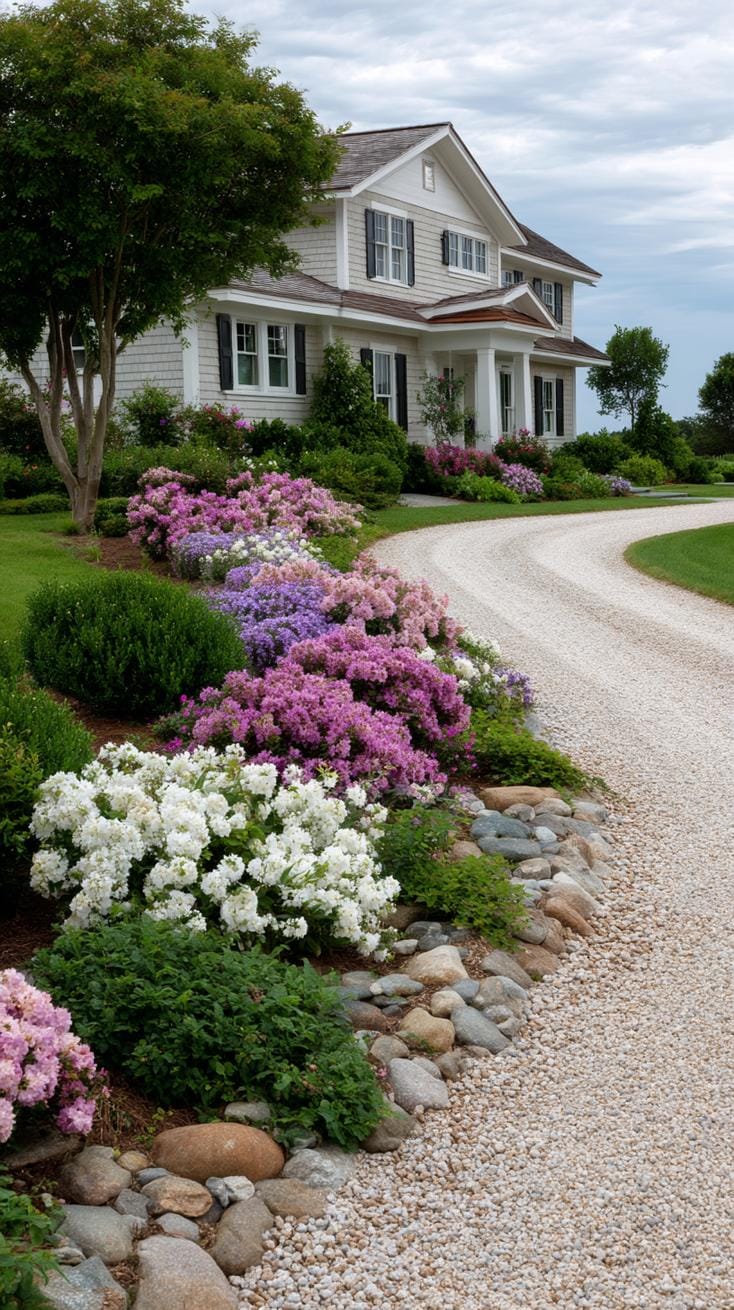 27 Charming Farmhouse Landscaping Ideas for a Beautiful Rustic Yard 26 8. Flower beds spilling along crushed gravel driveway-1
