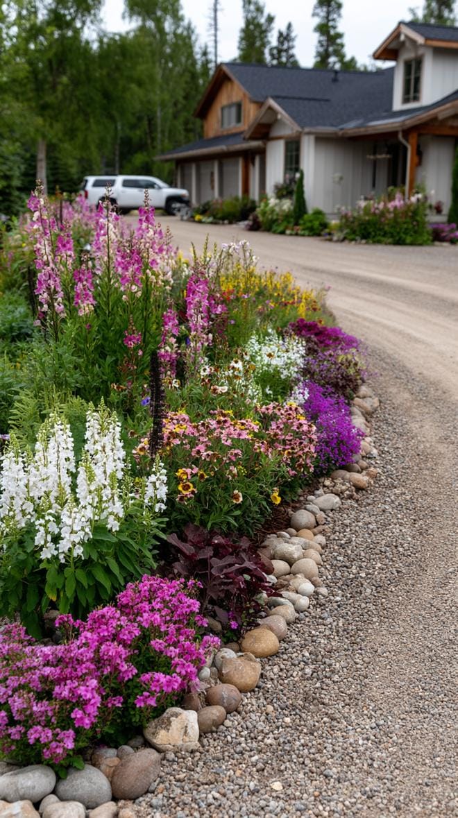 27 Charming Farmhouse Landscaping Ideas for a Beautiful Rustic Yard 27 8. Flower beds spilling along crushed gravel driveway-2