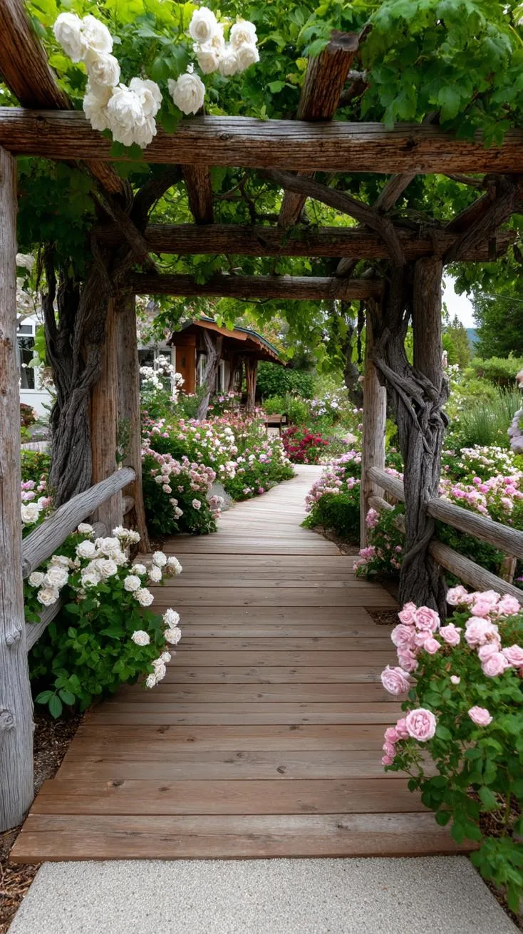 35 Dreamy Cottage Garden Ideas for Timeless Charm 57 24. Flower-lined garden walkway under rustic pergola-0