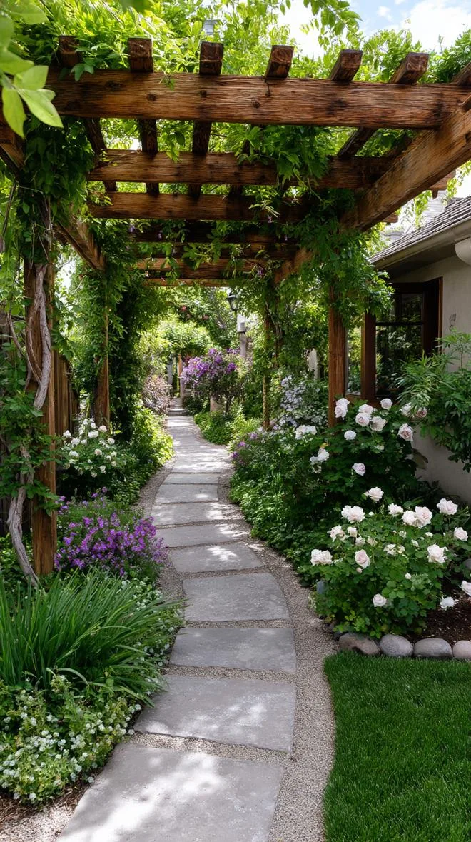 35 Dreamy Cottage Garden Ideas for Timeless Charm 58 24. Flower-lined garden walkway under rustic pergola-1