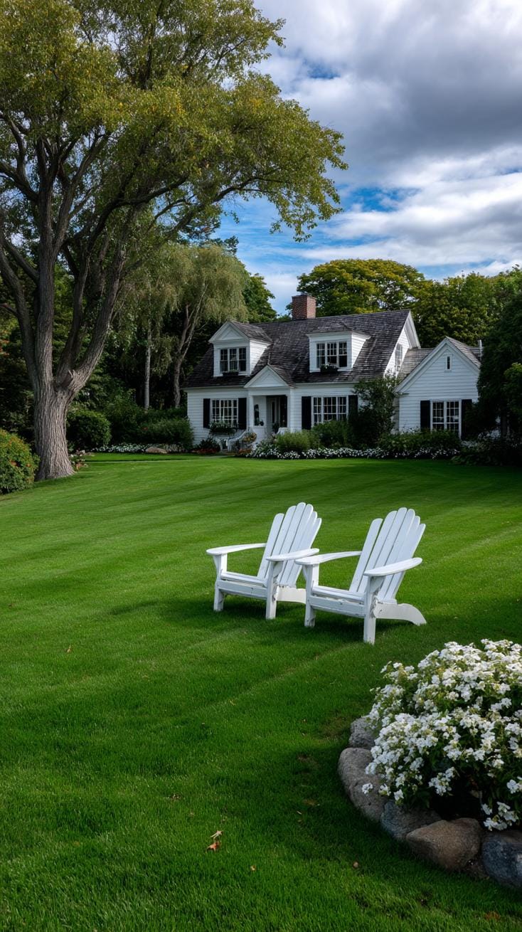 27 Charming Farmhouse Landscaping Ideas for a Beautiful Rustic Yard 62 22. Fresh country lawn with white Adirondack chairs-0