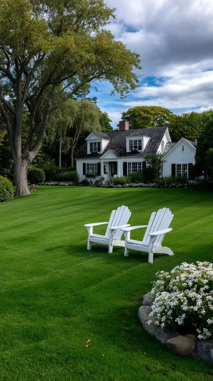 27 Charming Farmhouse Landscaping Ideas for a Beautiful Rustic Yard 61 22. Fresh country lawn with white Adirondack chairs-0