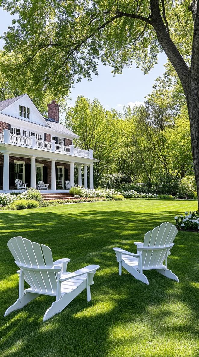 27 Charming Farmhouse Landscaping Ideas for a Beautiful Rustic Yard 63 22. Fresh country lawn with white Adirondack chairs-1