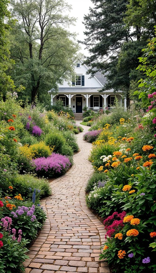 27 Charming Farmhouse Landscaping Ideas for a Beautiful Rustic Yard 34 11. Front yard brick path framed by wild gardens-0