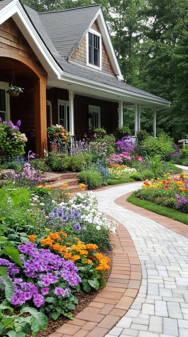 27 Charming Farmhouse Landscaping Ideas for a Beautiful Rustic Yard 35 11. Front yard brick path framed by wild gardens-1