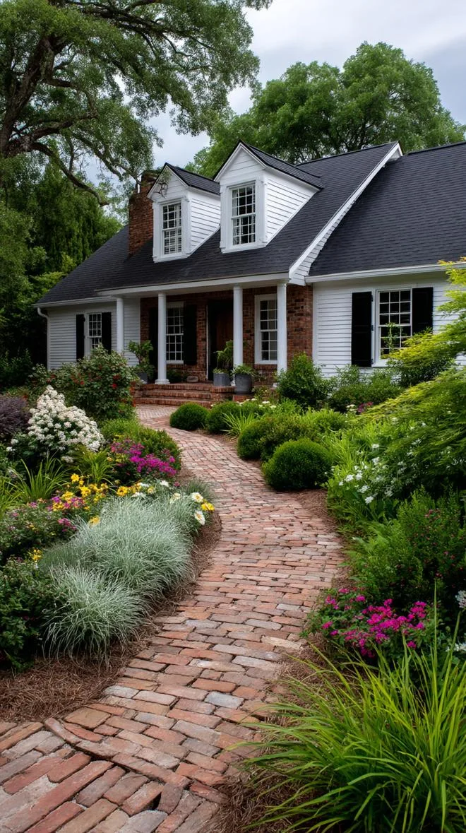 27 Charming Farmhouse Landscaping Ideas for a Beautiful Rustic Yard 35 11. Front yard brick path framed by wild gardens-2