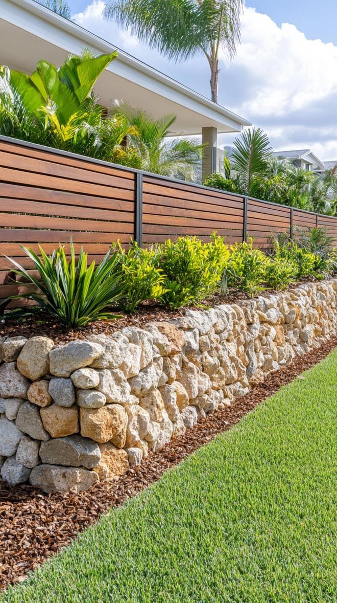 35 Unique Privacy Fence Ideas for a More Private Backyard 81 33. Gabion stone and wood mixed privacy fence-0