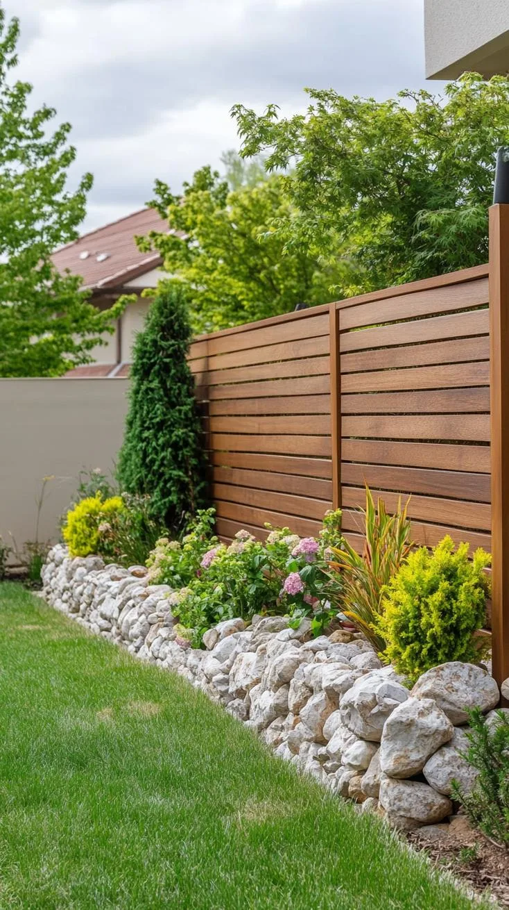 33. Gabion stone and wood mixed privacy fence-1