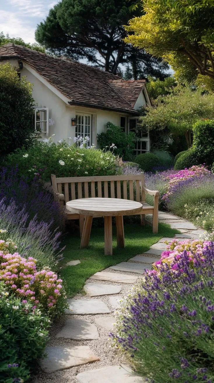 35 Dreamy Cottage Garden Ideas for Timeless Charm 10 4. Garden bench nestled in shaded lavender grove-0