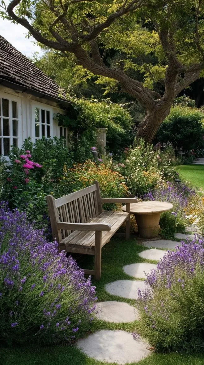 35 Dreamy Cottage Garden Ideas for Timeless Charm 11 4. Garden bench nestled in shaded lavender grove-1