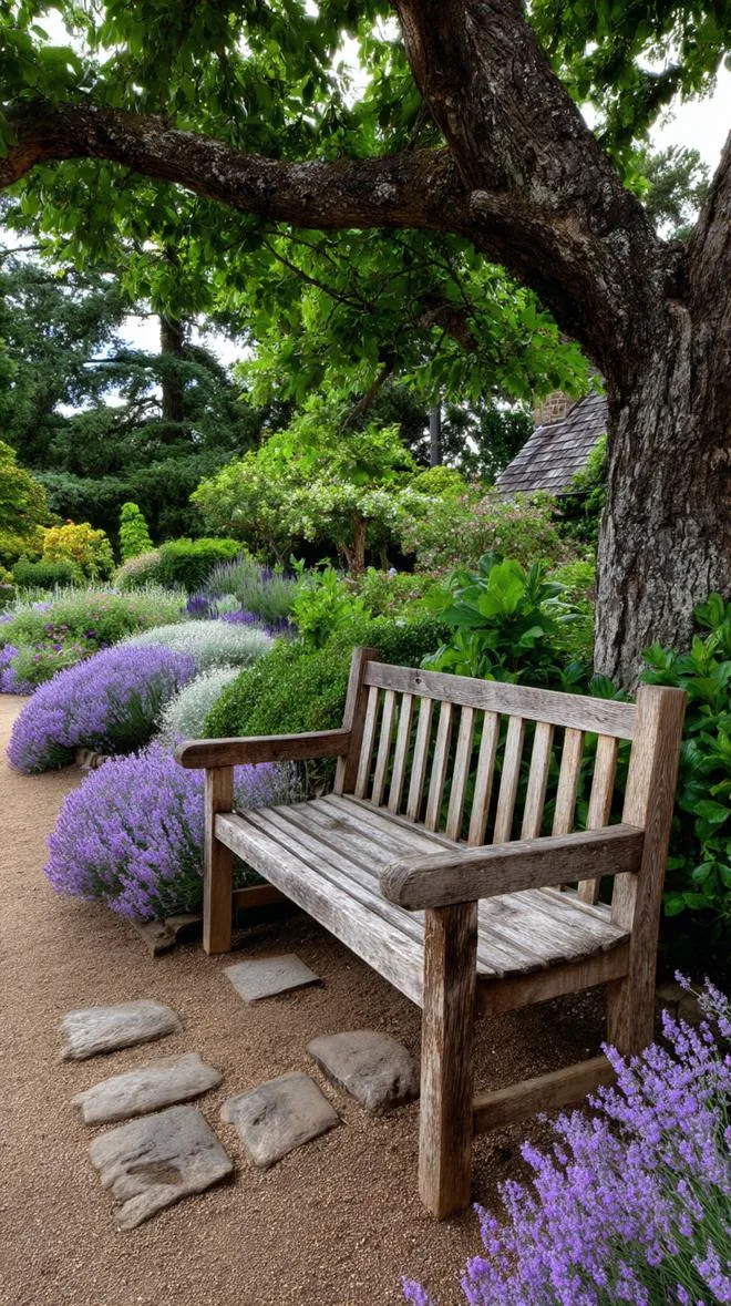 35 Dreamy Cottage Garden Ideas for Timeless Charm 12 4. Garden bench nestled in shaded lavender grove-2