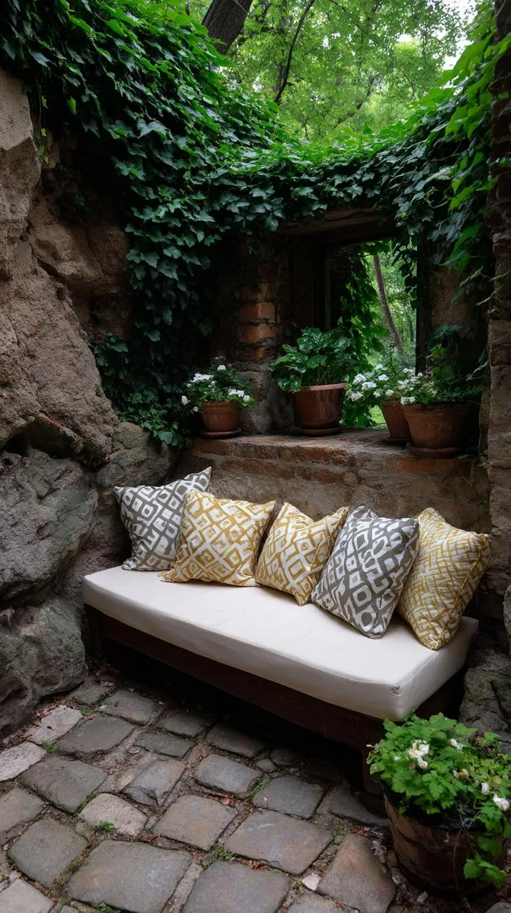 25. Garden hideaway with ivy-covered rustic wall-3