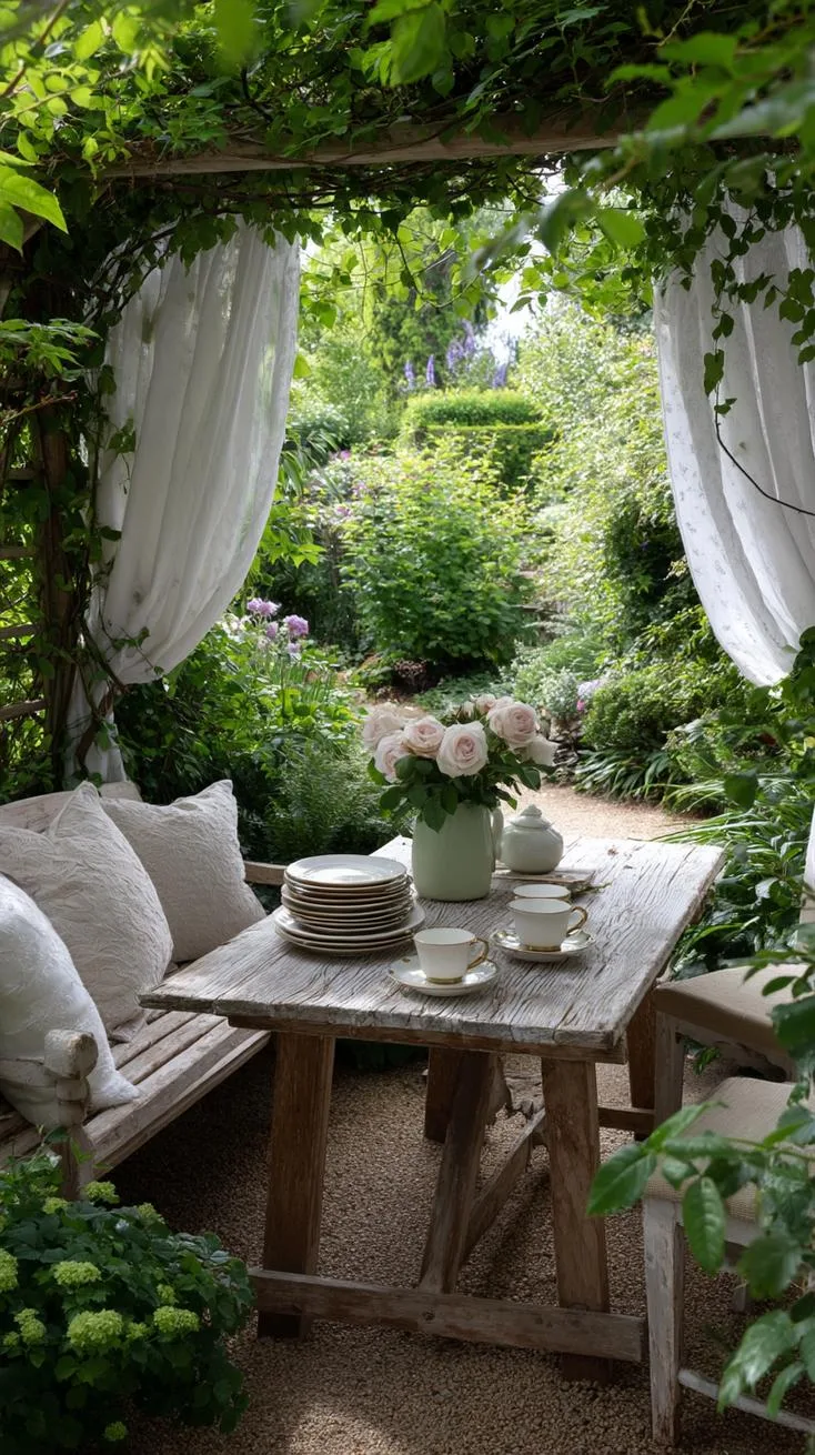 29 Vintage Garden Decor Ideas That Bring Rustic Charm Outdoors 114 29. Garden nook with lace curtains and vintage table-0