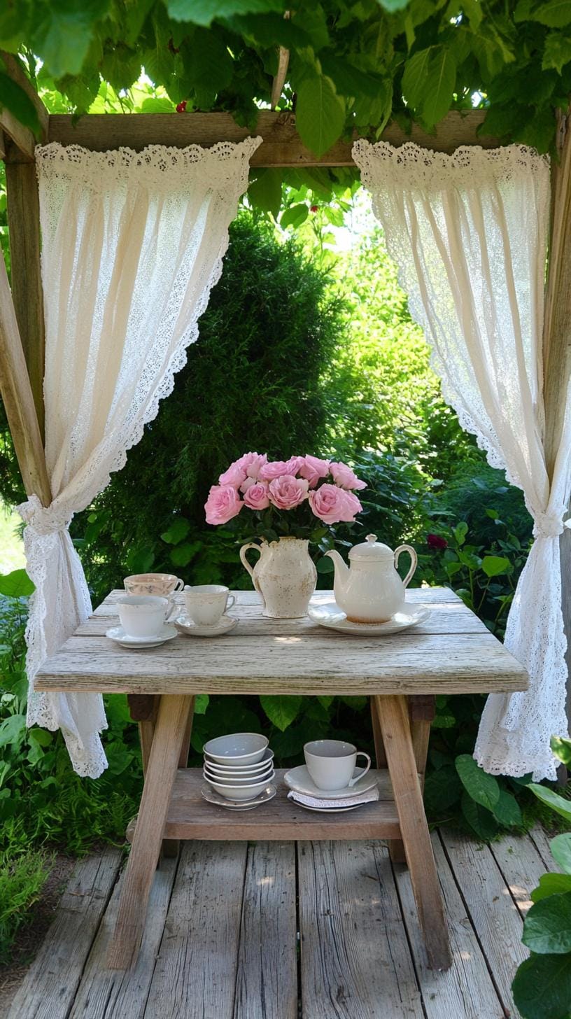 29 Vintage Garden Decor Ideas That Bring Rustic Charm Outdoors 118 29. Garden nook with lace curtains and vintage table-1