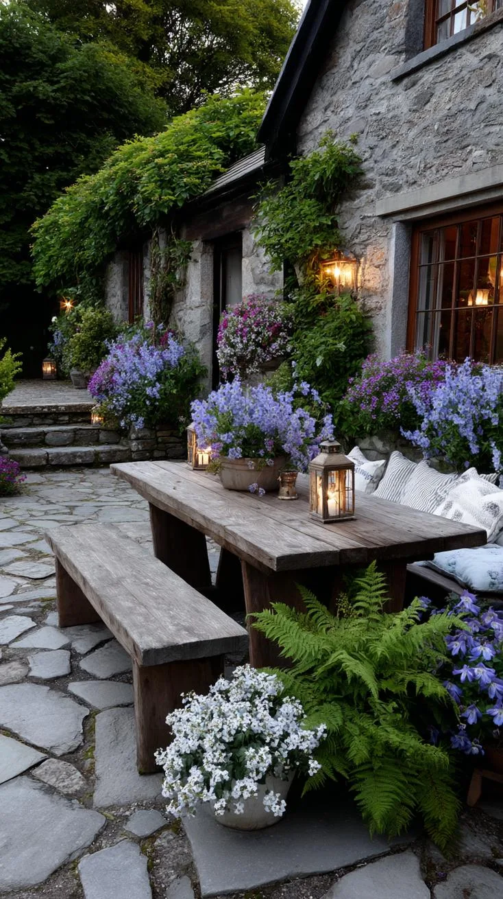 35 Dreamy Cottage Garden Ideas for Timeless Charm 69 30. Garden nook with rustic table and lanterns-0