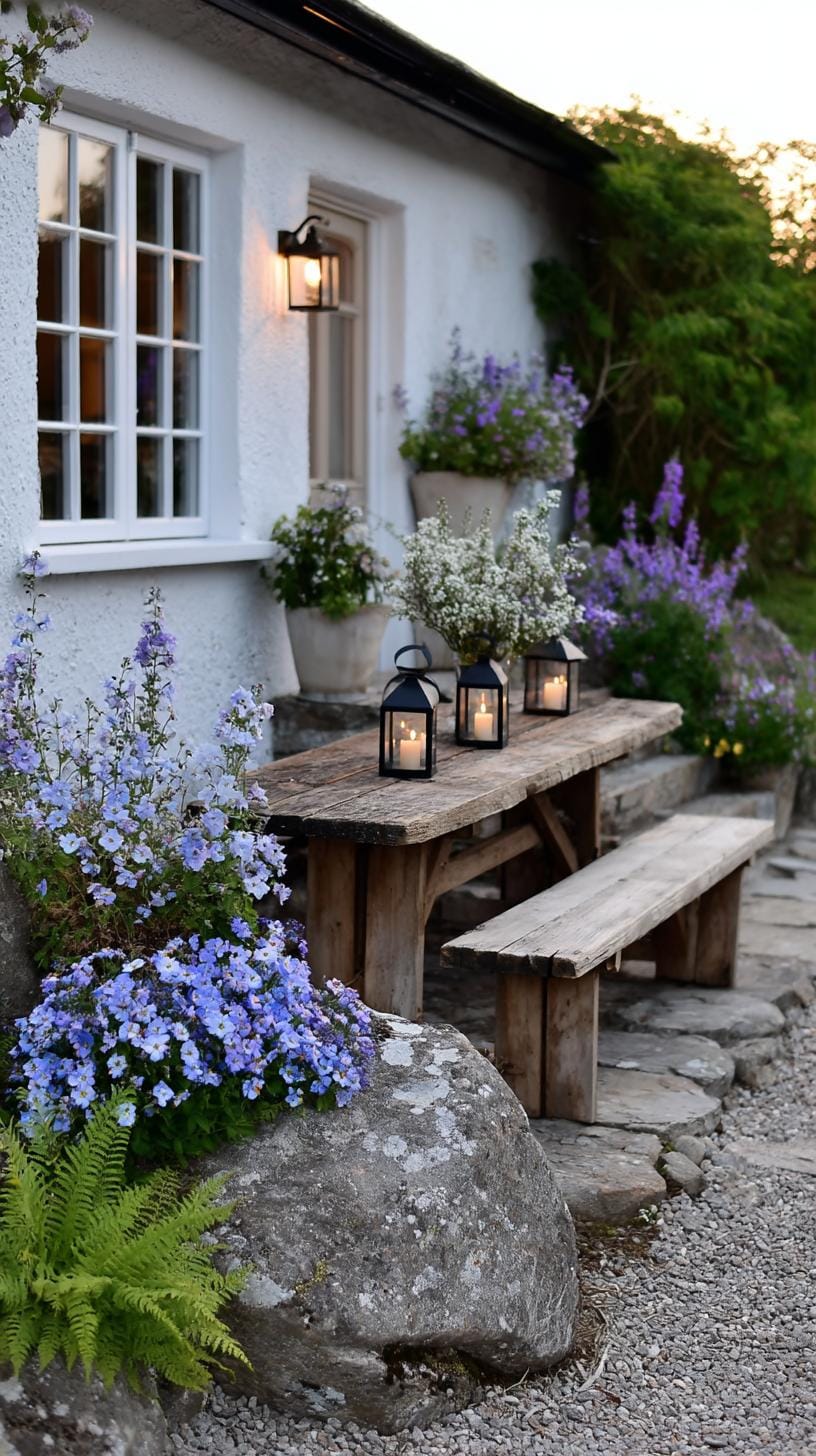 35 Dreamy Cottage Garden Ideas for Timeless Charm 71 30. Garden nook with rustic table and lanterns-1