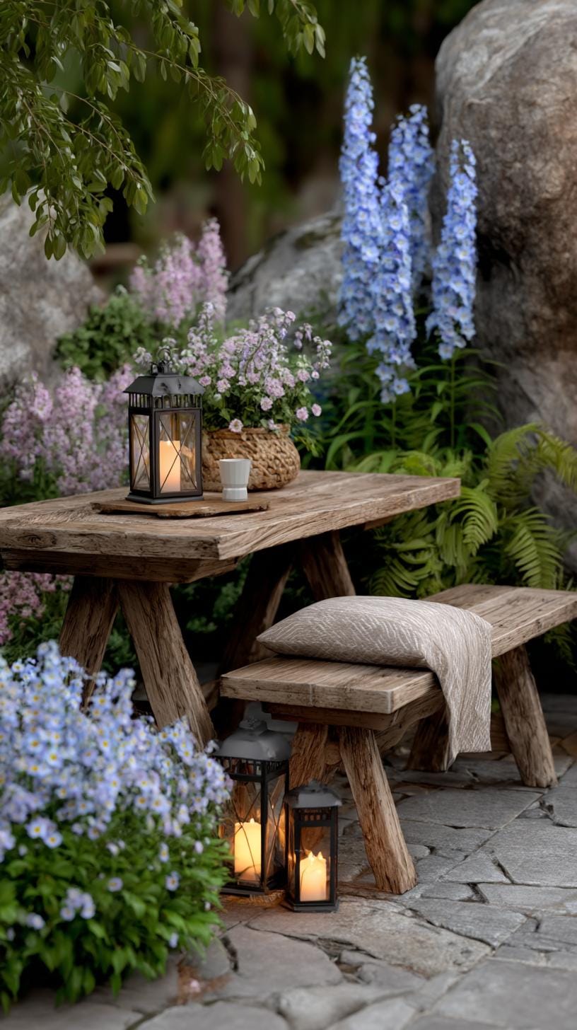 35 Dreamy Cottage Garden Ideas for Timeless Charm 72 30. Garden nook with rustic table and lanterns-2