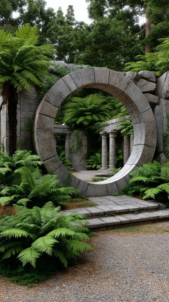 14. Giant circular stone arch among jungle ferns-1