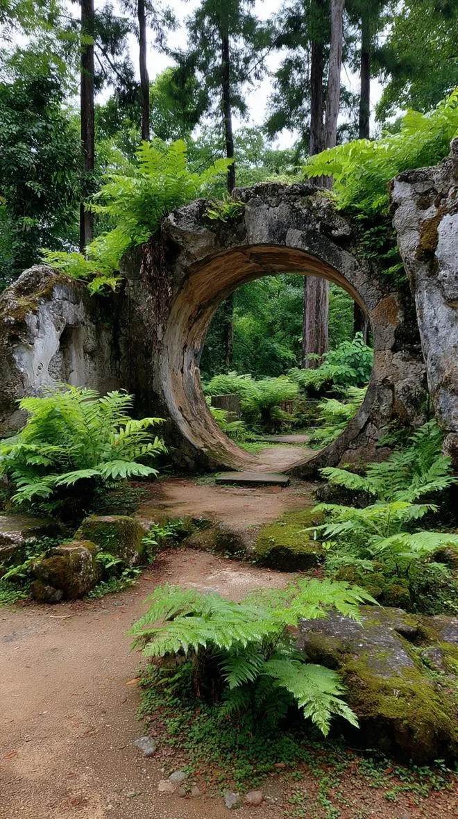 14. Giant circular stone arch among jungle ferns-2