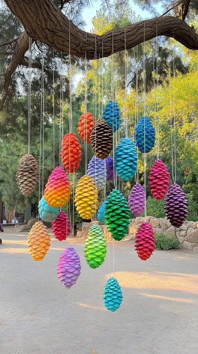 16. Giant pinecones painted rainbow colors hanging from trees-0