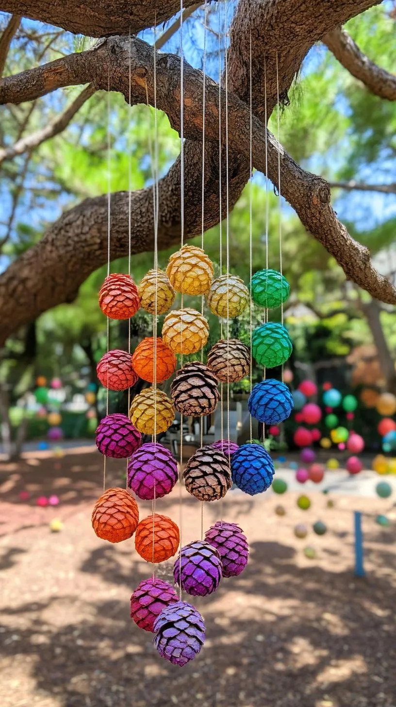 16. Giant pinecones painted rainbow colors hanging from trees-1