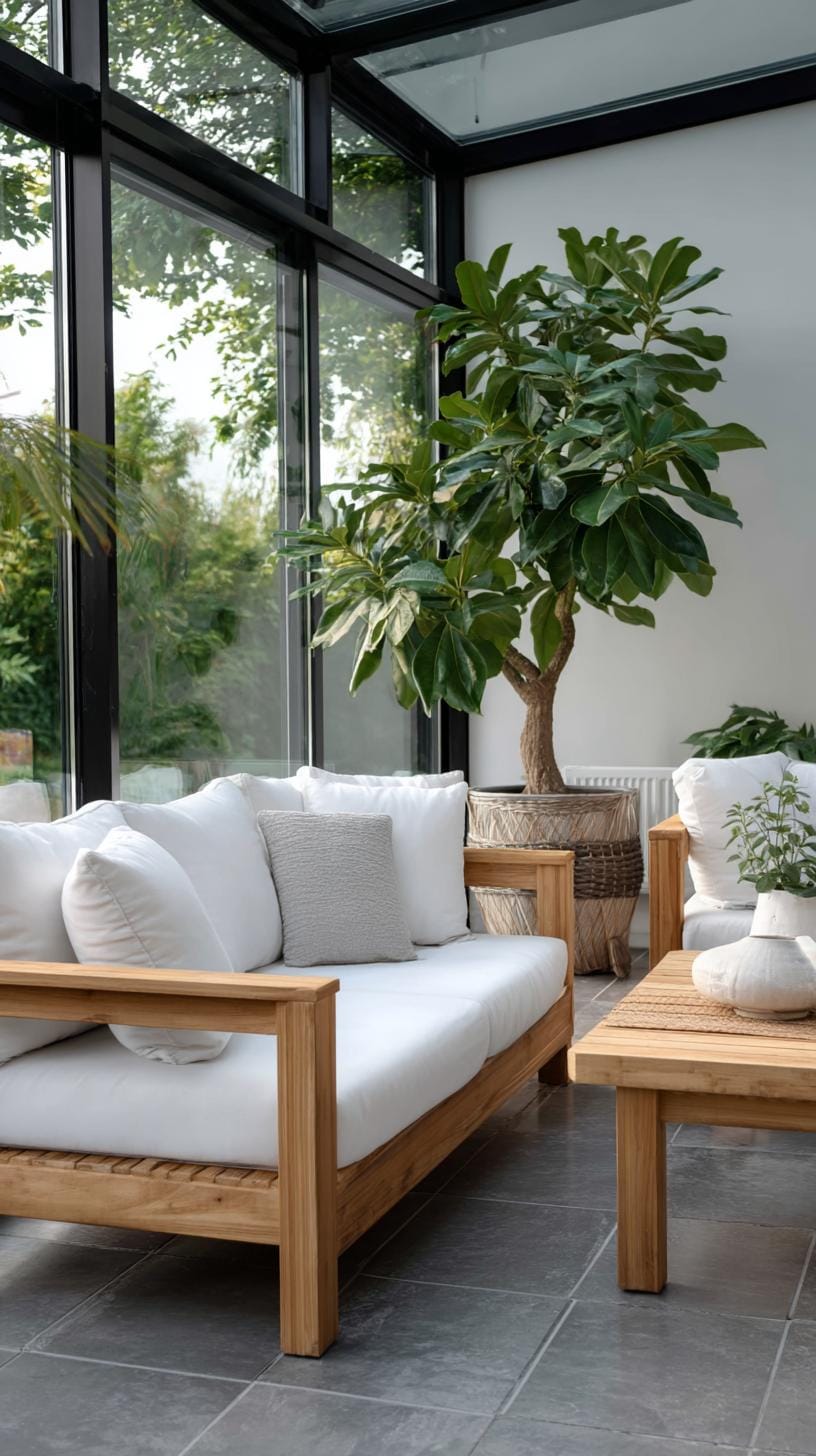 22. Glass enclosed porch with minimalist Scandinavian decor-2