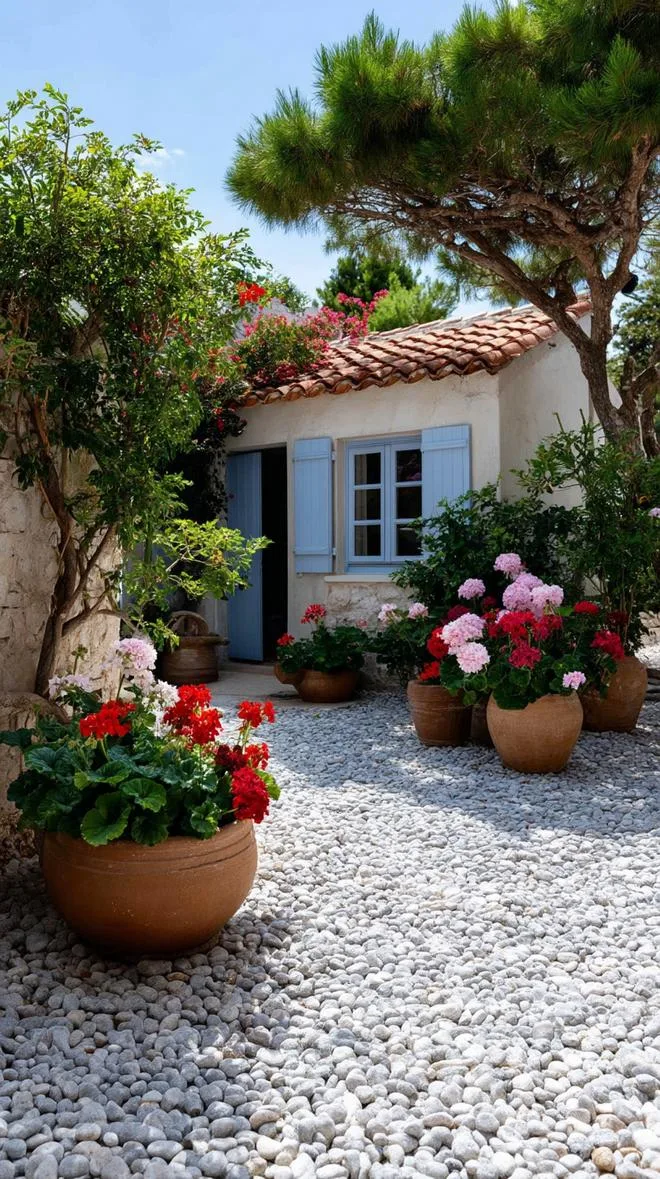 35 Dreamy Cottage Garden Ideas for Timeless Charm 59 25. Gravel courtyard garden with terracotta containers-0