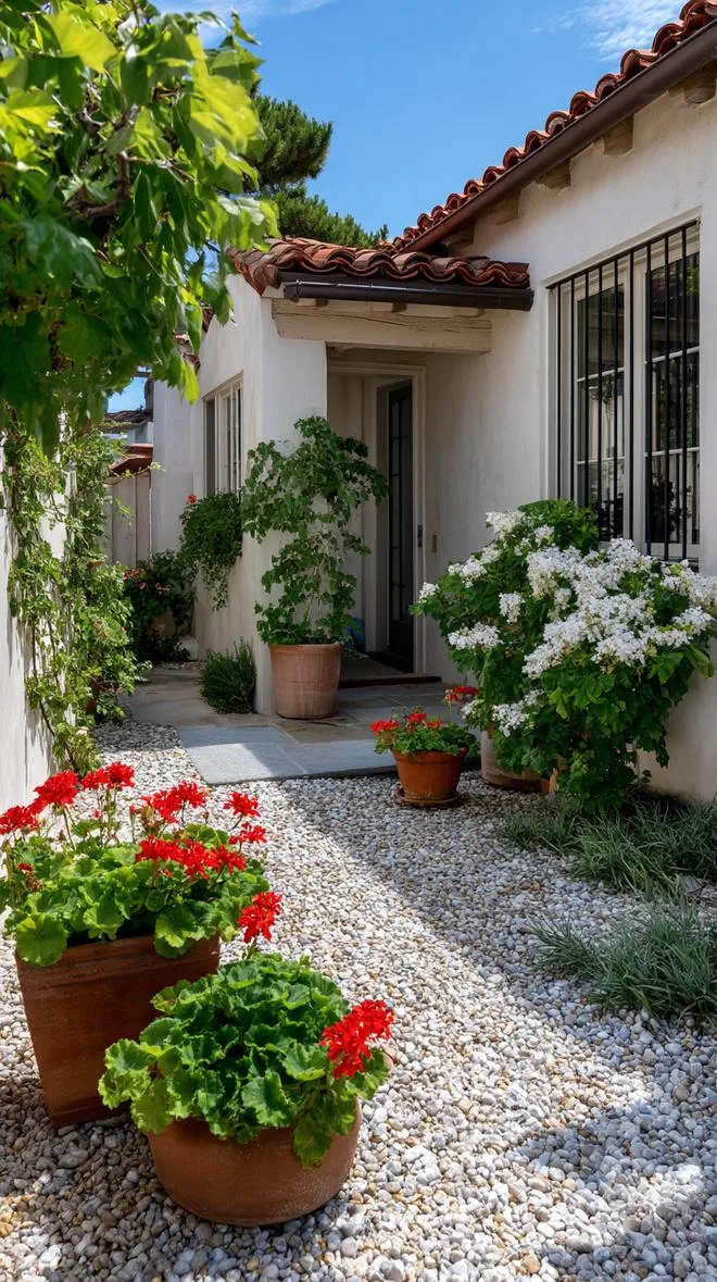35 Dreamy Cottage Garden Ideas for Timeless Charm 60 25. Gravel courtyard garden with terracotta containers-1