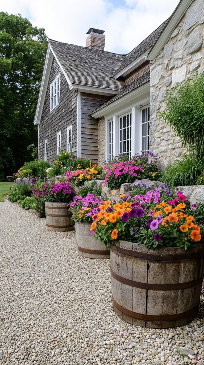 27 Charming Farmhouse Landscaping Ideas for a Beautiful Rustic Yard 58 21. Gravel garden with rustic watering trough planters-0