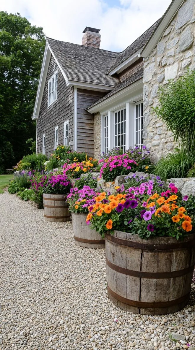 27 Charming Farmhouse Landscaping Ideas for a Beautiful Rustic Yard 57 21. Gravel garden with rustic watering trough planters-0