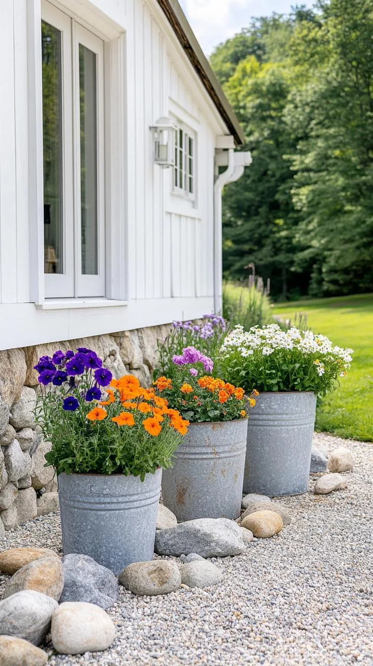 27 Charming Farmhouse Landscaping Ideas for a Beautiful Rustic Yard 58 21. Gravel garden with rustic watering trough planters-1