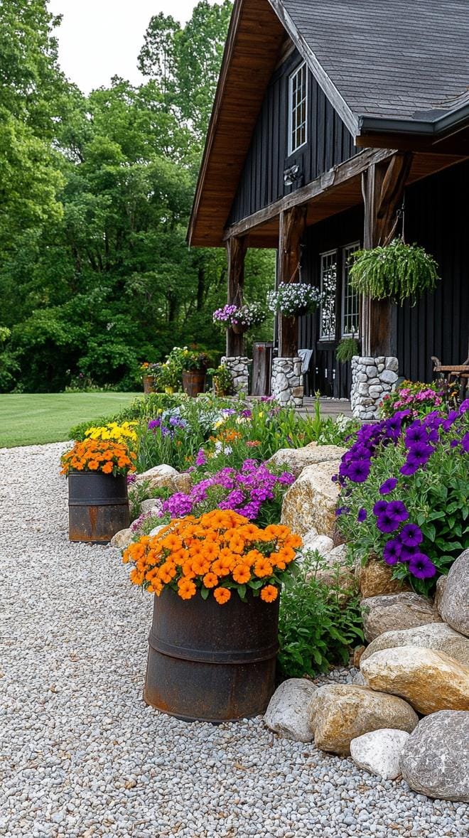 27 Charming Farmhouse Landscaping Ideas for a Beautiful Rustic Yard 60 21. Gravel garden with rustic watering trough planters-2