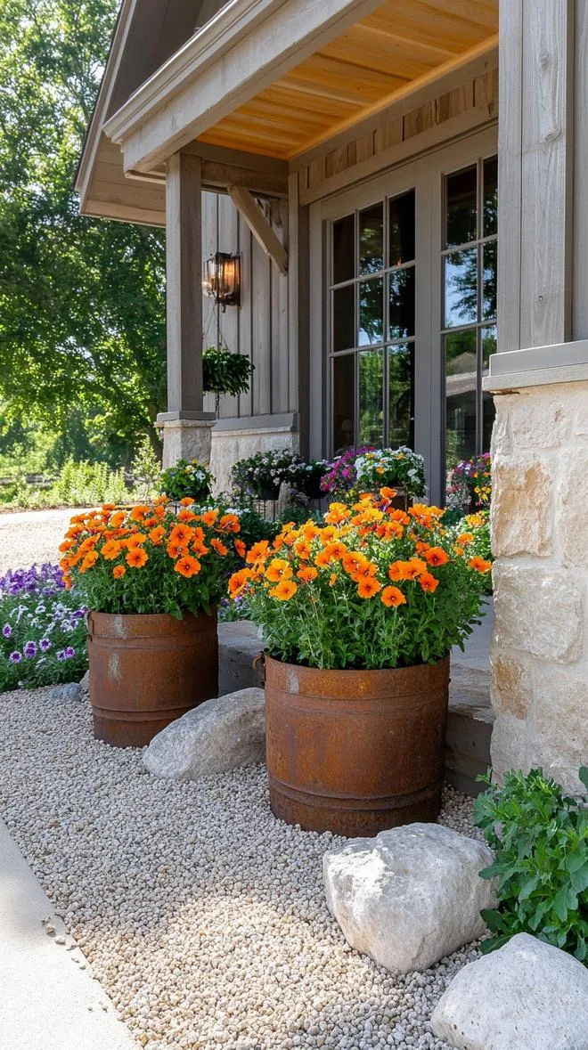 27 Charming Farmhouse Landscaping Ideas for a Beautiful Rustic Yard 60 21. Gravel garden with rustic watering trough planters-3