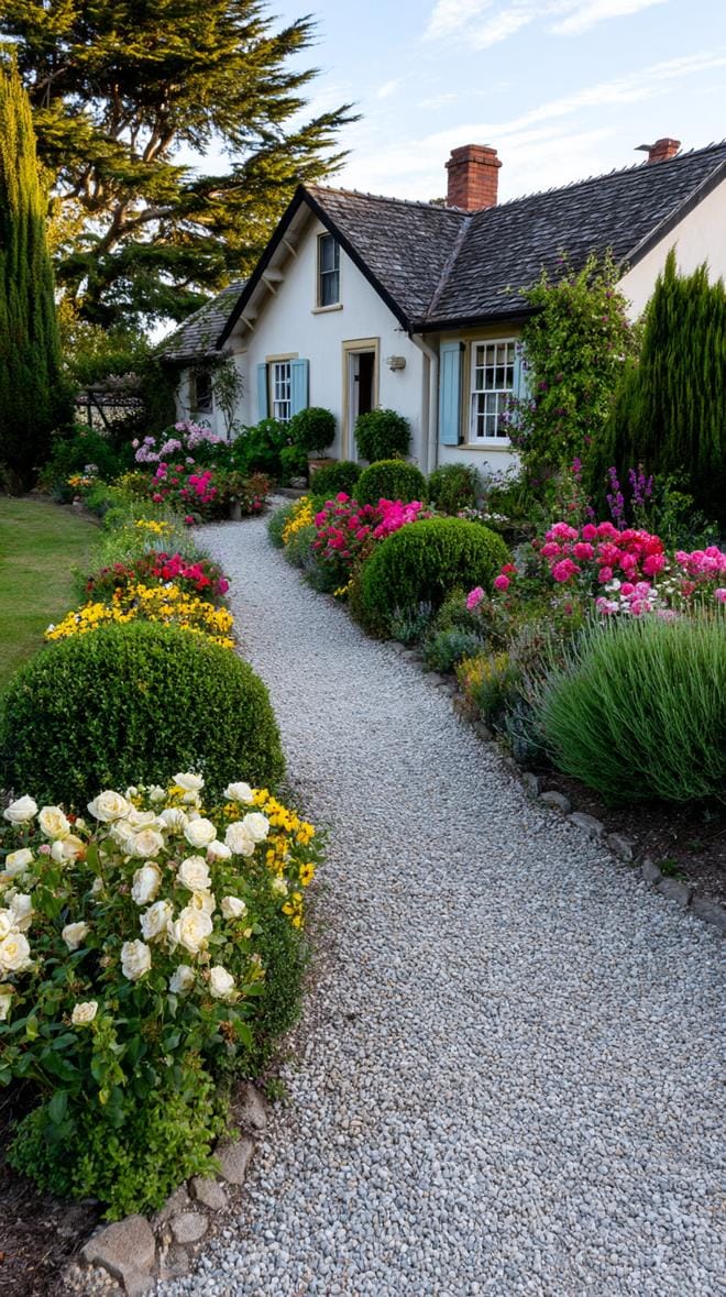 35 Dreamy Cottage Garden Ideas for Timeless Charm 34 14. Gravel path with color-bursting floral hedges-0