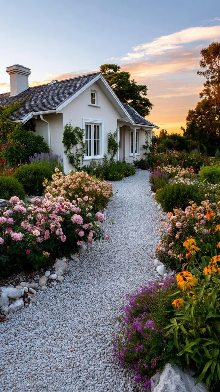 35 Dreamy Cottage Garden Ideas for Timeless Charm 34 14. Gravel path with color-bursting floral hedges-1