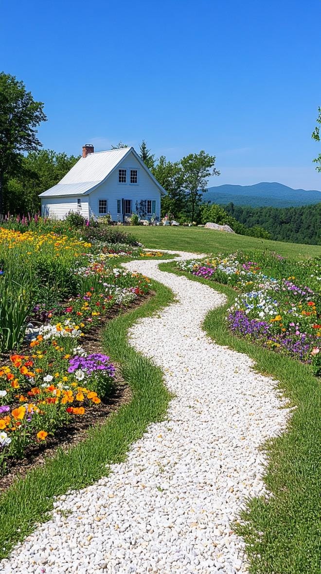 27 Charming Farmhouse Landscaping Ideas for a Beautiful Rustic Yard 3 1. Gravel pathway leading to a wildflower farmhouse meadow-0