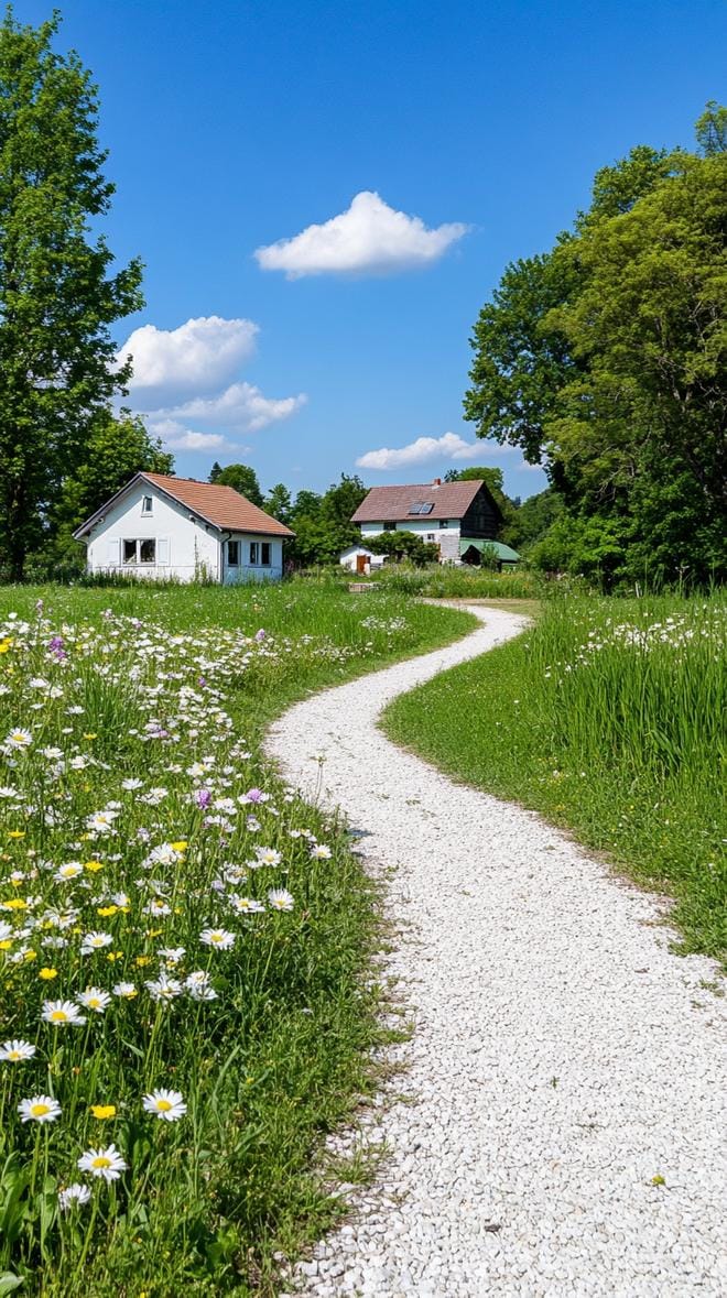 27 Charming Farmhouse Landscaping Ideas for a Beautiful Rustic Yard 4 1. Gravel pathway leading to a wildflower farmhouse meadow-1