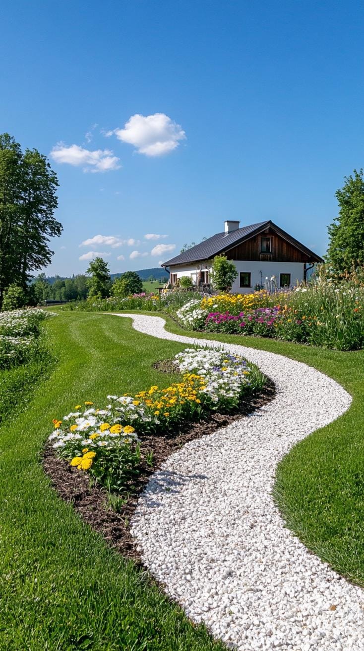 27 Charming Farmhouse Landscaping Ideas for a Beautiful Rustic Yard 5 1. Gravel pathway leading to a wildflower farmhouse meadow-2