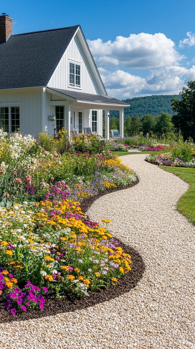 27 Charming Farmhouse Landscaping Ideas for a Beautiful Rustic Yard 6 1. Gravel pathway leading to a wildflower farmhouse meadow-3