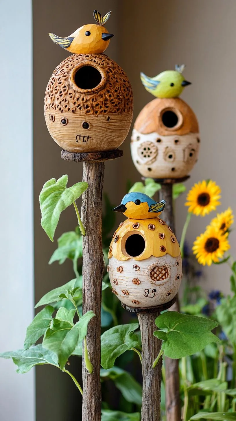 20. Hand-carved wooden birdhouses on tall poles-0 20. Hand-carved wooden birdhouses on tall poles-0