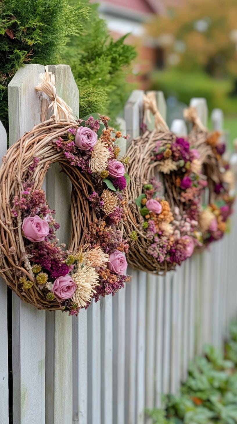25 Rustic Farmhouse Garden Decor Ideas You Must See 49 25. Handwoven twig wreaths decorated with dried flowers-0