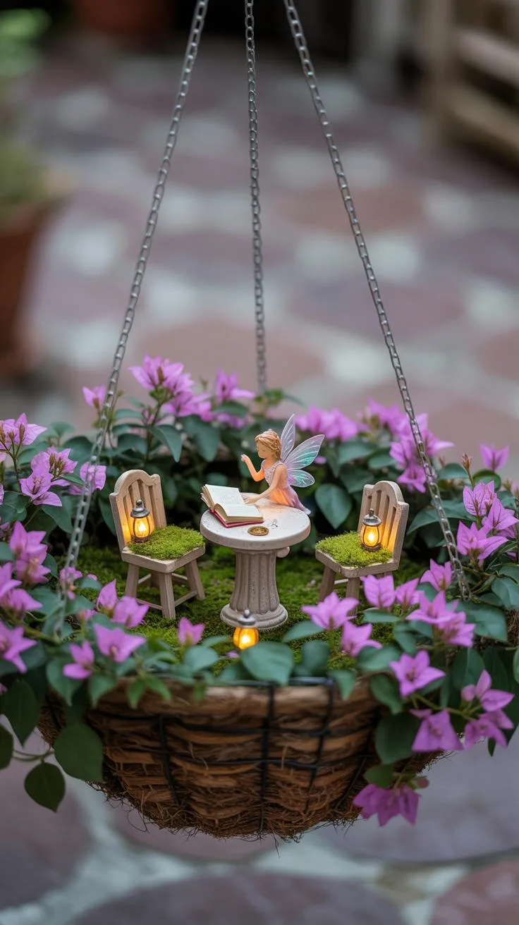 14. Hanging basket fairy scene with vines and lights-0