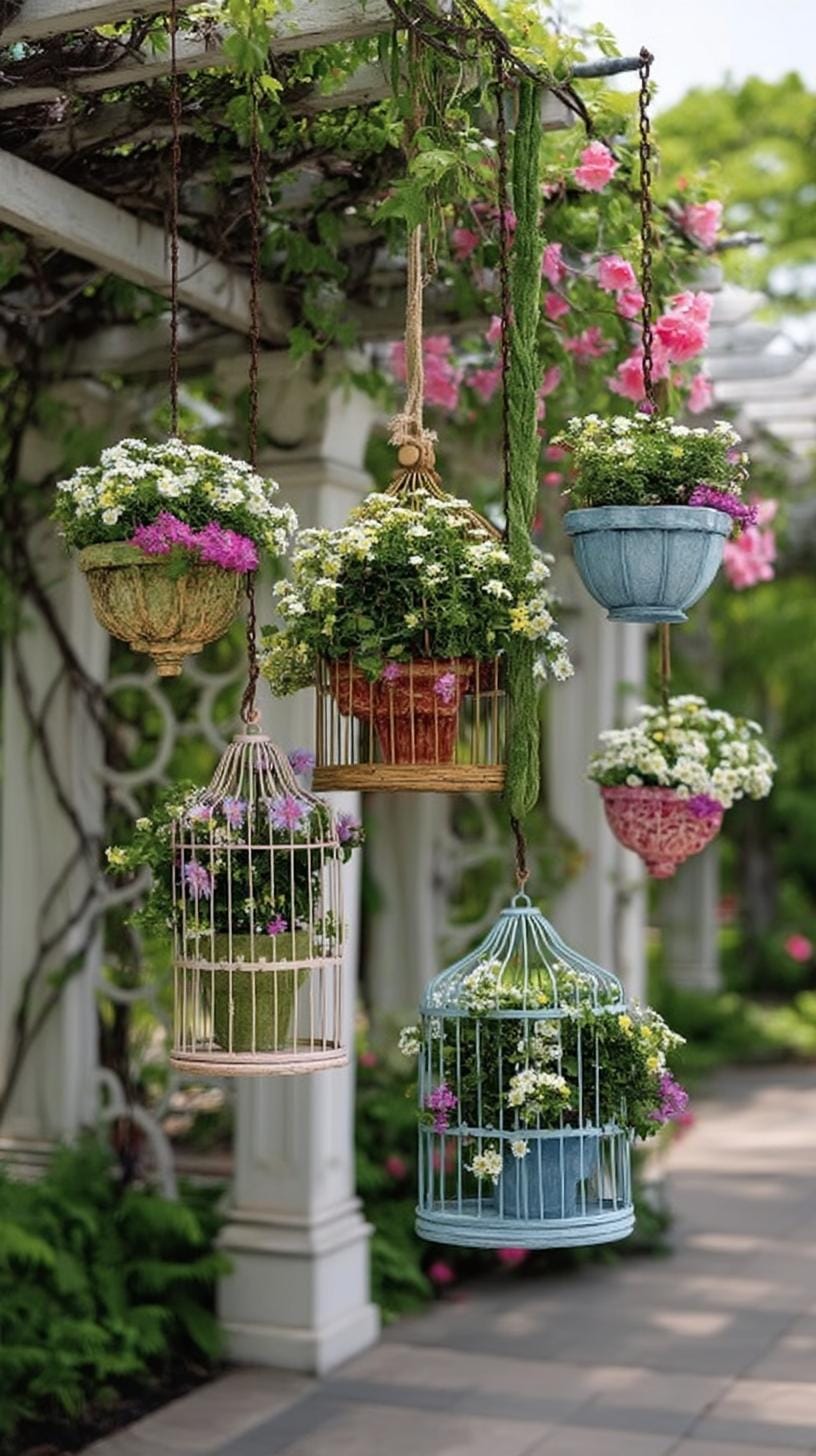 13. Hanging birdcages filled with trailing greenery-0