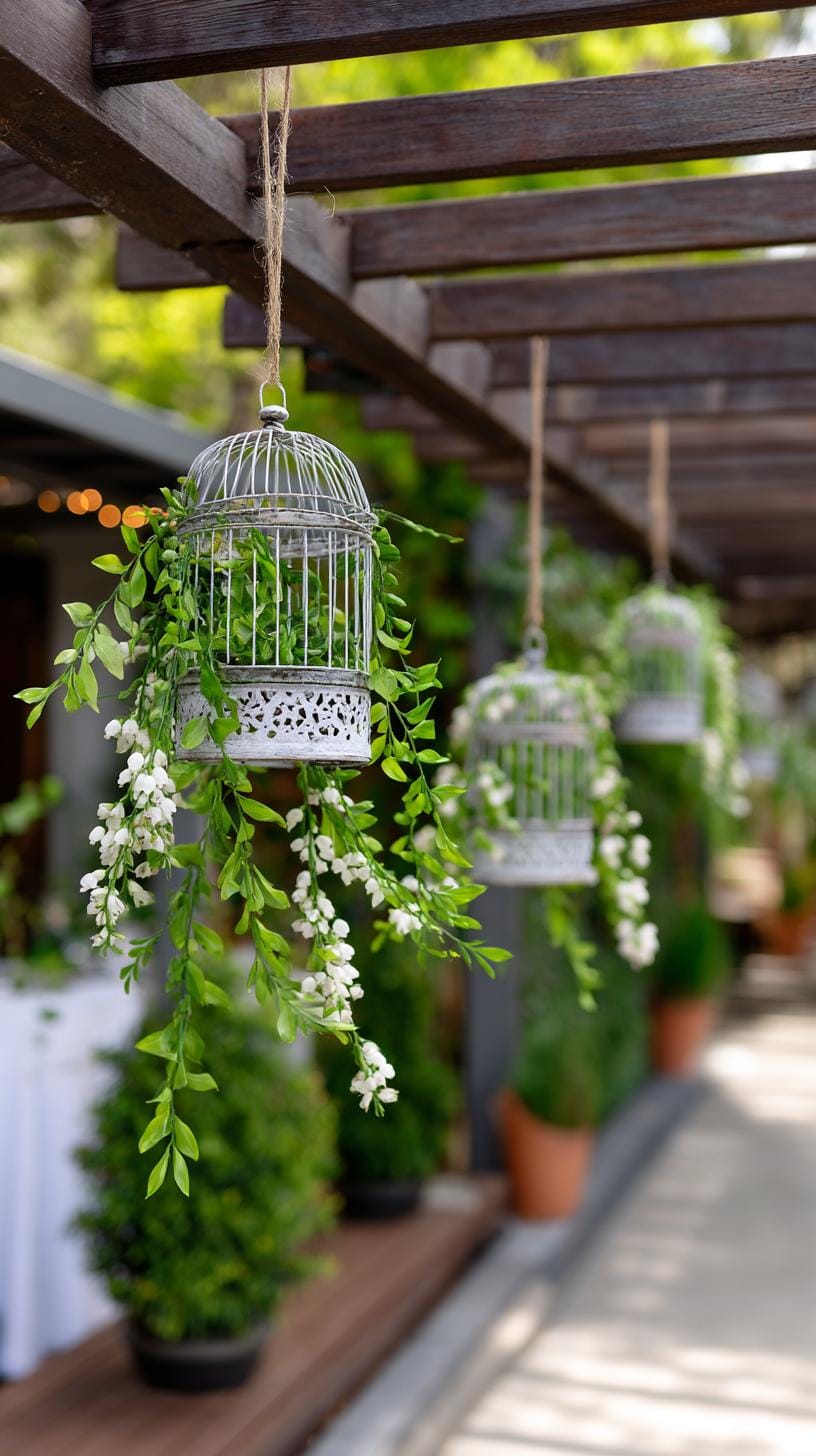 29 Vintage Garden Decor Ideas That Bring Rustic Charm Outdoors 55 13. Hanging birdcages filled with trailing greenery-1