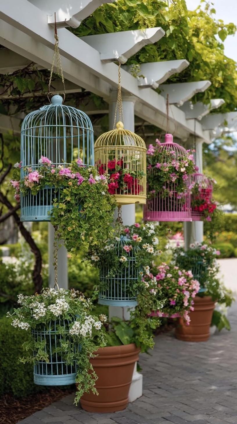 29 Vintage Garden Decor Ideas That Bring Rustic Charm Outdoors 58 13. Hanging birdcages filled with trailing greenery-2