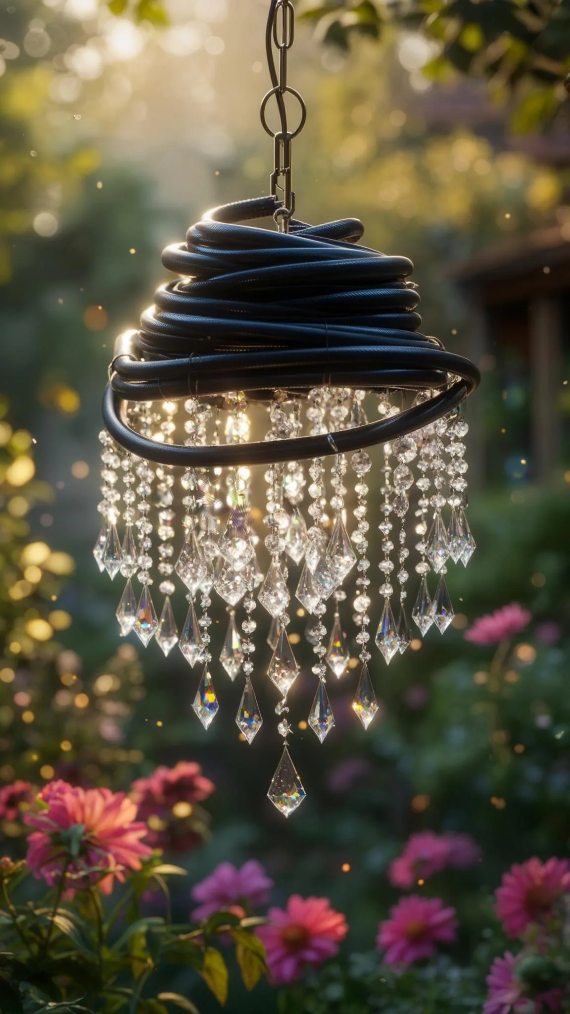 8. Hanging crystal chandelier made from old garden hose-0