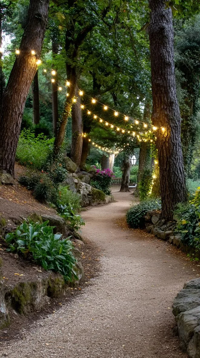 19. Hanging fairy lights over forested garden path-0