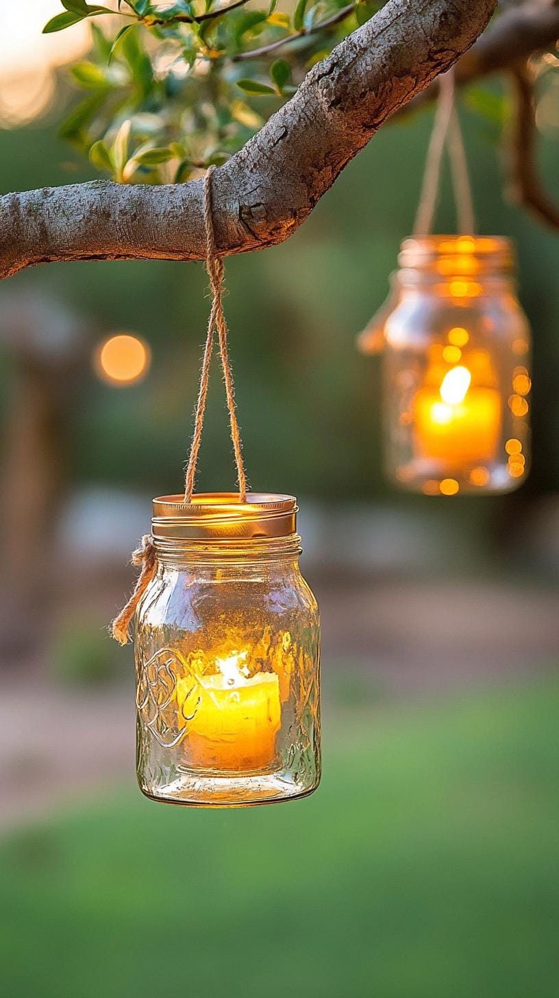 25 Rustic Farmhouse Garden Decor Ideas You Must See 7 3. Hanging mason jar lanterns with tea lights inside-0